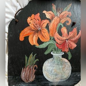 Hand painted slate. Flowers on a vase.